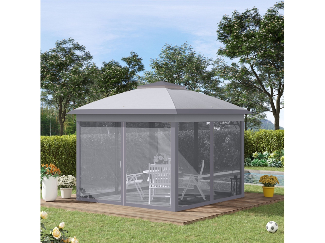 Tenda Dobrável 3,3x3,3 M Com Altura Ajustável, Teto Duplo, 4 Mosquiteiros Removíveis E Bolsa De Transporte, Cinza Com Proteção Uv.