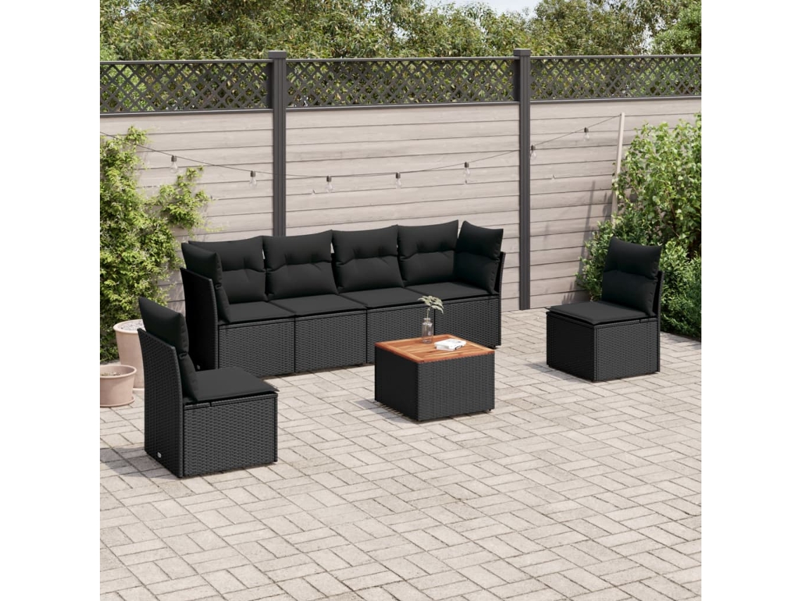 Conjunto de sofá de jardín de 7 piezas con cojines, ratán negro, Dkd Home Decor