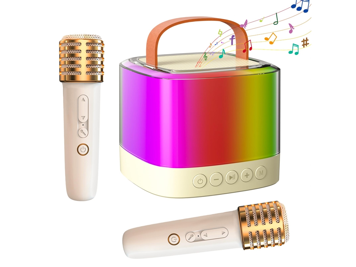 Mini máquina de karaoke con 2 micrófonos inalámbricos, altavoz de karaoke Bluetooth portátil con deslumbrantes modos de luz, juguetes
