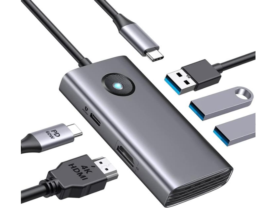Estación de acoplamiento 5 en 1 Hub USB C con HDMI 4K, 60 W de potencia, USB 3.0 de 5 Gbps y 2 puertos de datos USB 2.0, multipuerto, gris USHION