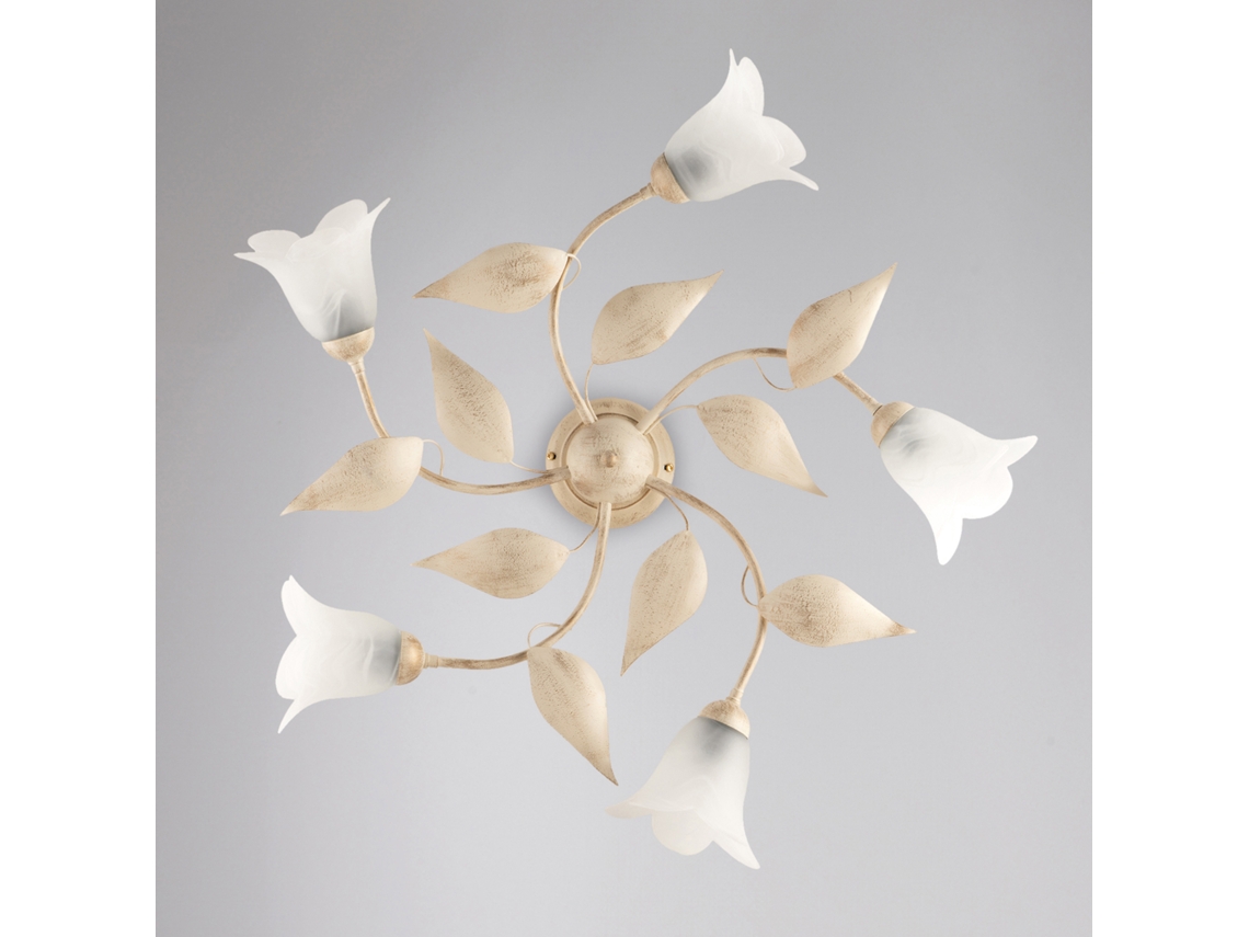 Lámpara de techo Olga de hierro lacado marfil con decoración. Difusores antiguos en oro y cristal. Diámetro 14 cm. Alabastro blanco. 5 luces. Altura 20 cm. Diámetro 70 cm. Belight.