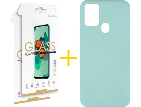 Funda y Protector 2x de Vidrio Samsung Galaxy A21s SKYHE Silicona Líquida Verde Agua