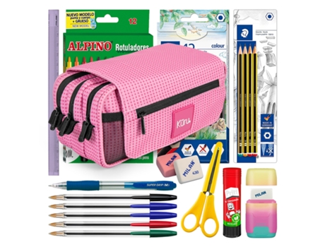 Estuche Triple con Material Escolar COLEPACK Kūru 2022 (Rosa - 22 x 11 x 9 cm - Poliéster)