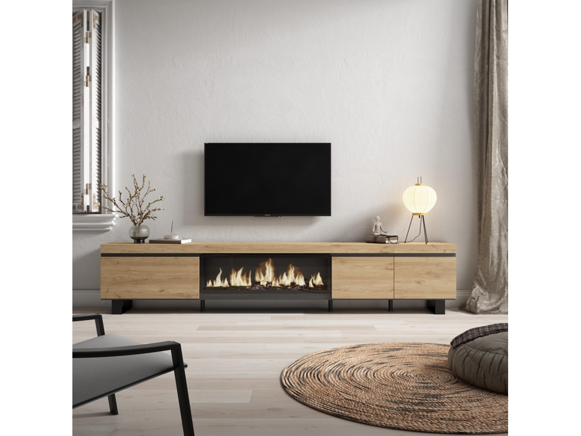 Mueble TV, Televisión, 288x57x35 cm, Para TV gran formato, Chimenea eléctrica XXL, Diseño industrial, Roble SKRAUT HOME