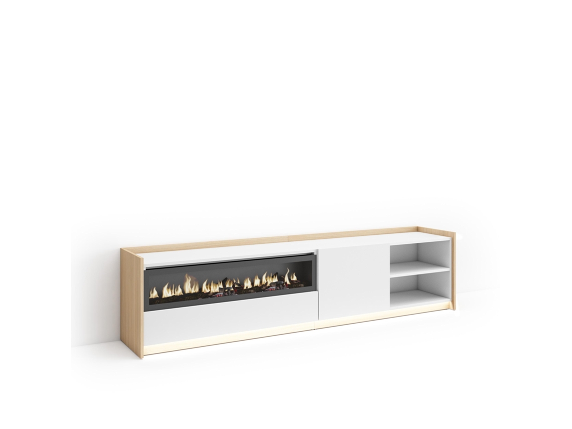 Mueble para TV, 207x37x50cm, para televisores de hasta 80'', chimenea eléctrica LED, blanco y roble claro.