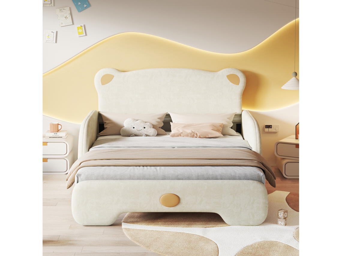 Cama Infantil Tapizada 140x200 Cm En Terciopelo - Cama Con Cajón, Cabecero En Forma De Oso Y Somier De Láminas - Beige