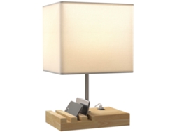 Lámpara de mesa con puertos USB, tres compartimentos para teléfonos móviles, base de madera y pantalla de tela, color blanco. ZENCORE SERVICES