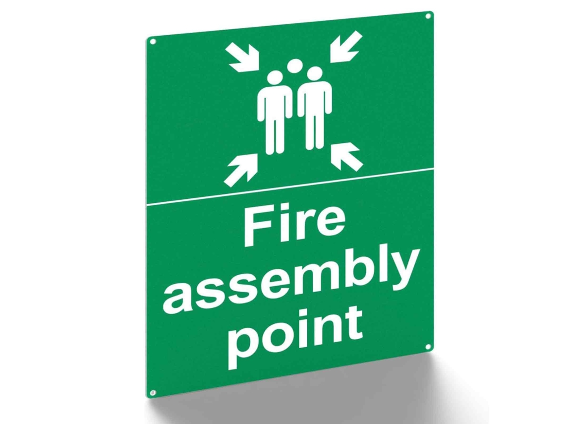 Señal de punto de concentración de incendios, señalización de seguridad de plástico, con familia, ideal para exteriores, 300 x 200 mm, verde