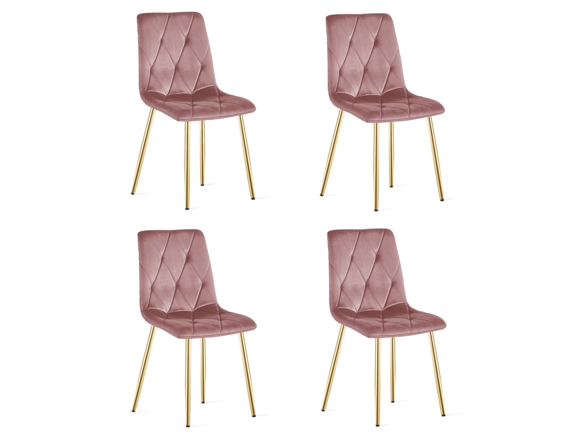 Juego de 4 sillas de comedor Tyra, asiento rosa, patas doradas, asiento acolchado, asiento ergonómico.