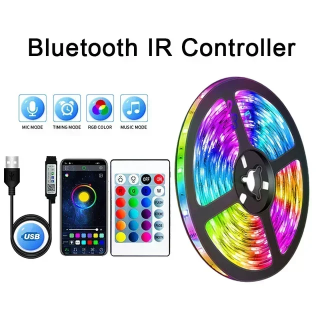 Tira de LED RGB USB de 5 V (controlador Bluetooth de 3 m), barra de luz LED flexible que cambia de color