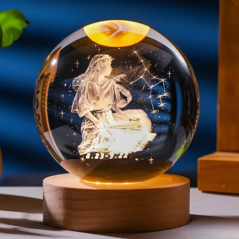 (virgo 6x6cm Con Luz) Bola De Cristal De Doce Constelaciones De 6,8 Cm, Base De Madera Con Led