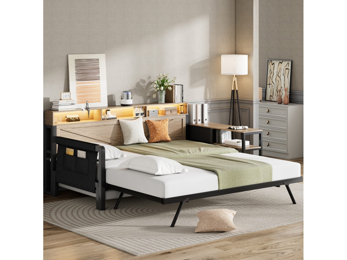 Sofá Cama De Metal Negro De 90x200 Cm Con Cama Nido, Cajones Y Almacenamiento Led.