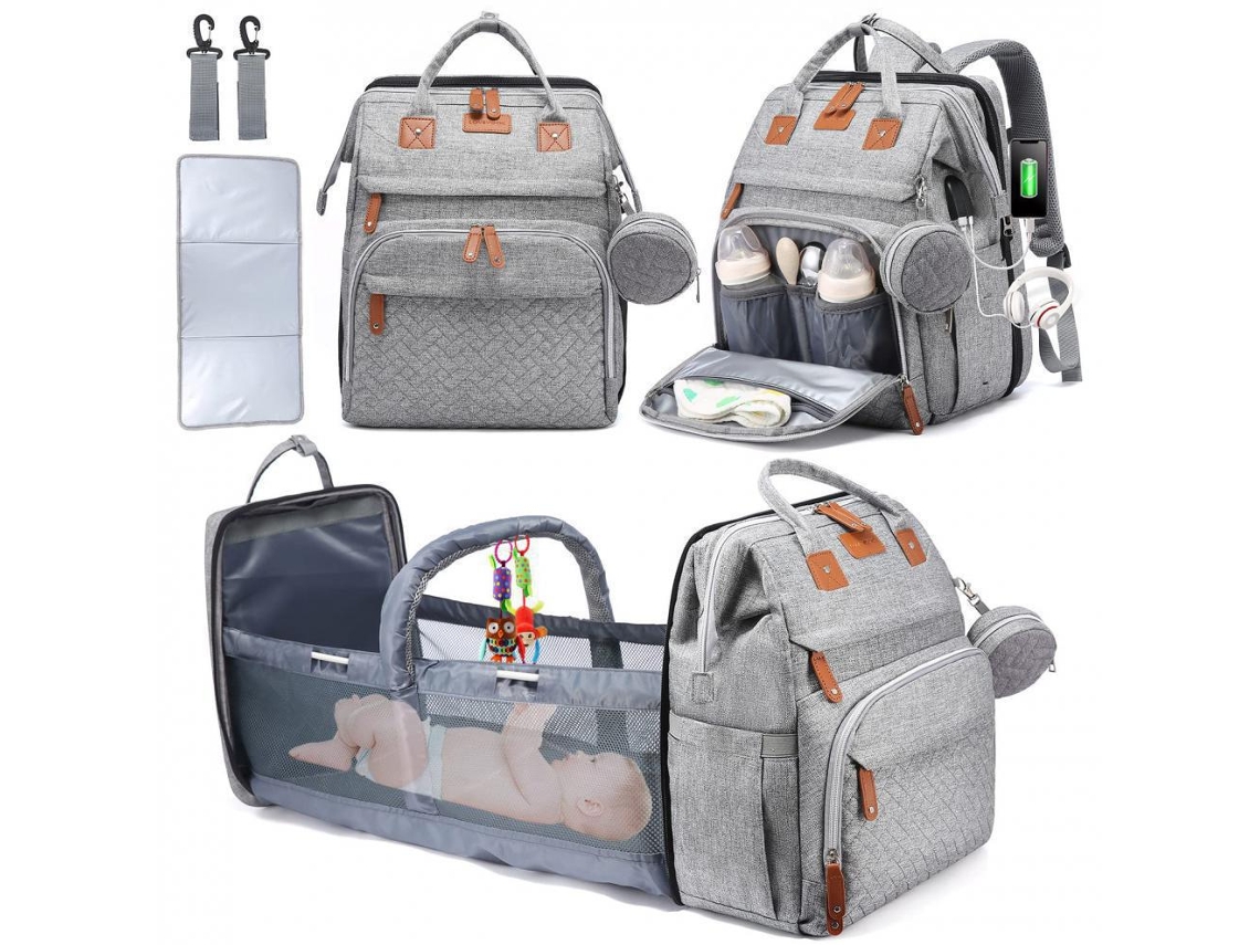 Mochila para pañales con cuna plegable y bolsa aislante para biberones con puerto de carga USB y asas para cochecito Gris1 SIURN