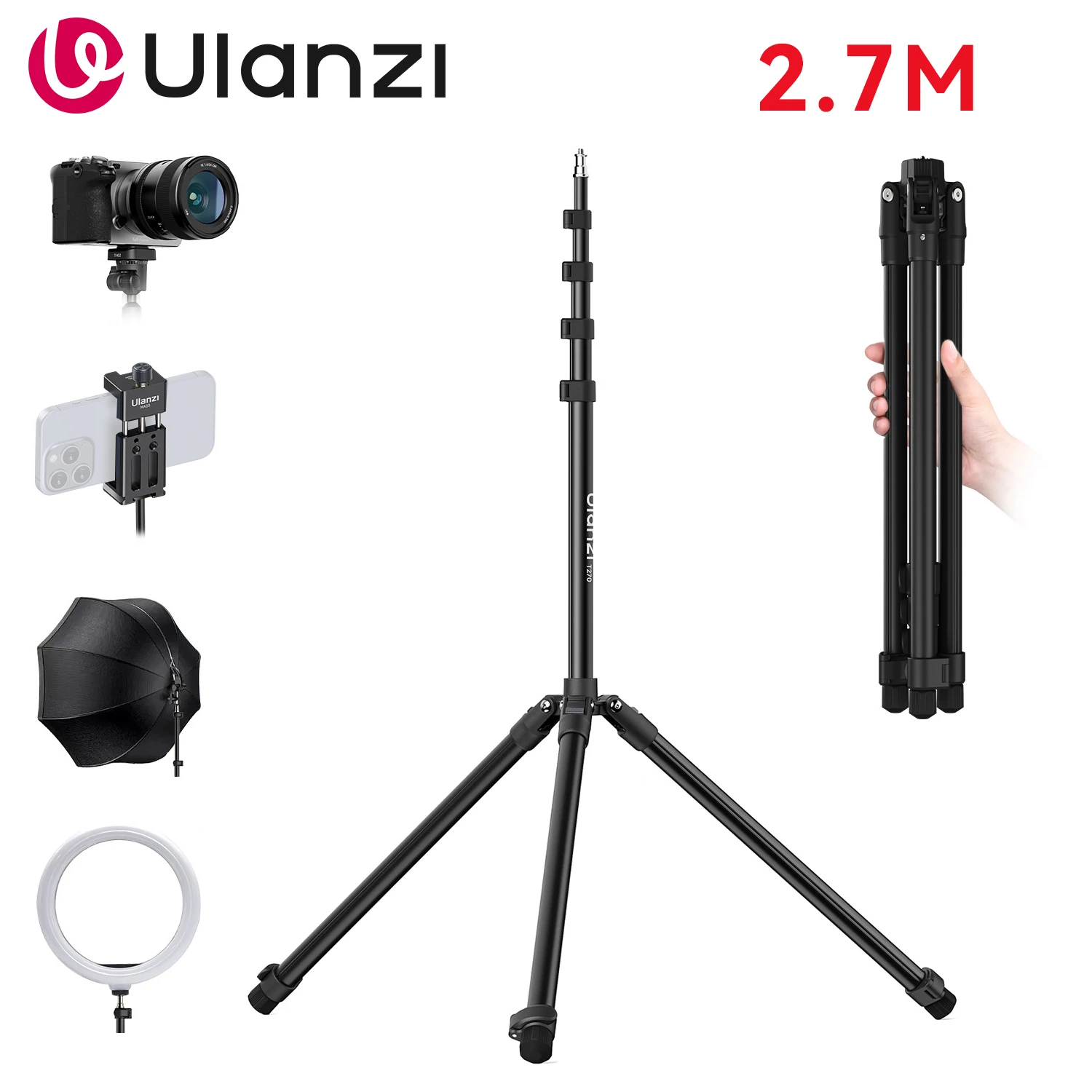 Trípode de aluminio T270 de alta resistencia, 2,7 m, para softbox Godox, flash de cámara y luz LED COB.