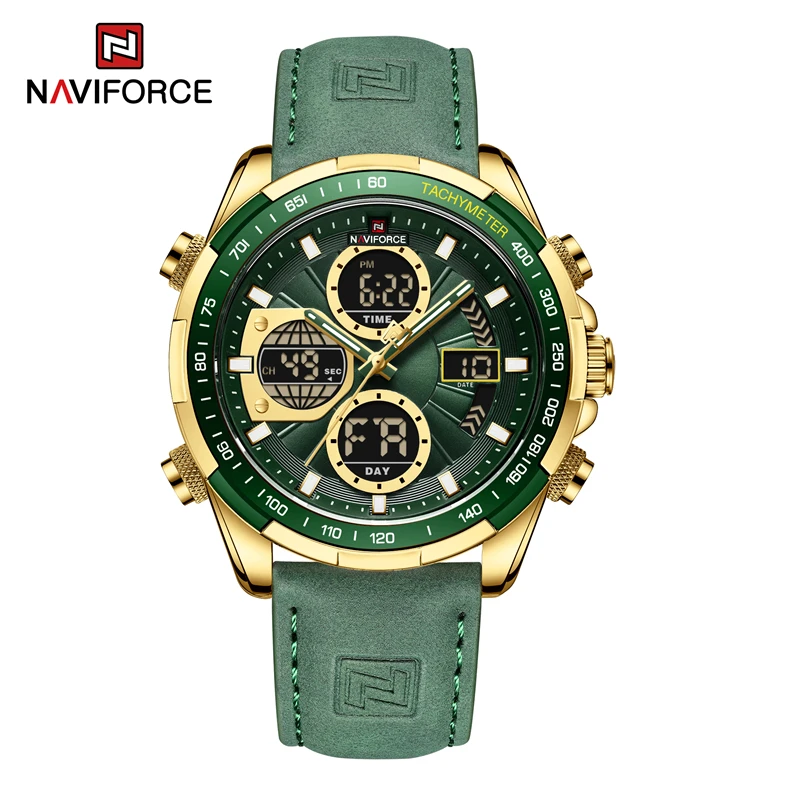 Relógio Masculino (verde Dourado) Em Couro Genuíno, Cronógrafo À Prova D'água De Nível Militar.