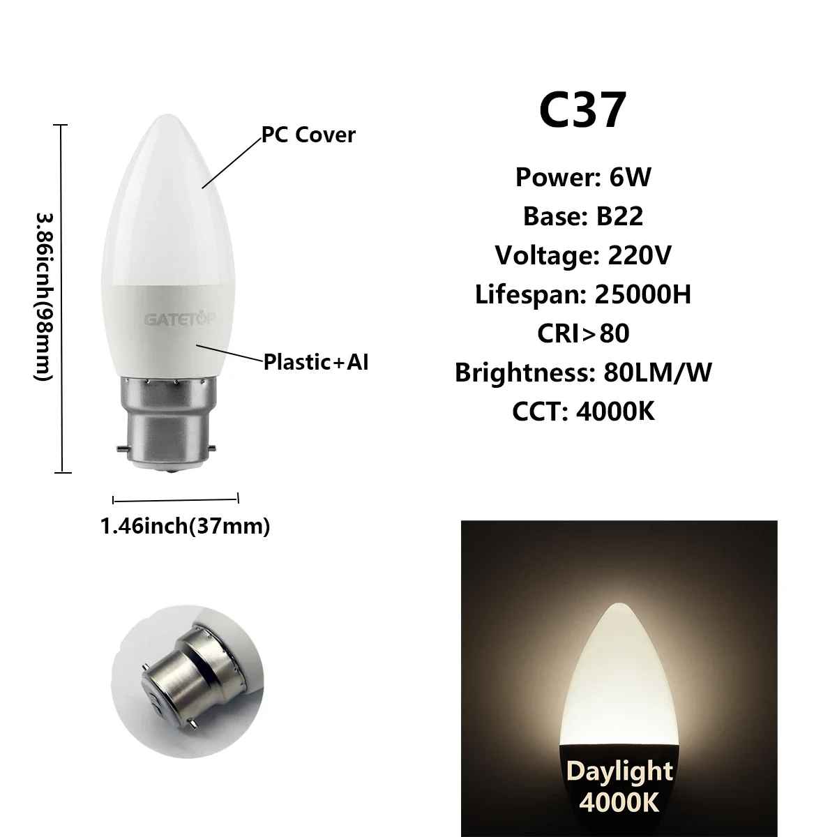 Bombillas Led (c37 6w B22 4000k) Paquete De 10 Unidades, Adecuadas Para La Decoración Del Hogar, El Estudio Y El Baño.
