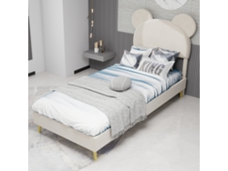 Cama minimalista tapizada de 90 x 200 cm con cabecero de dibujos animados, base baja, sin almacenaje, beige Mobrio