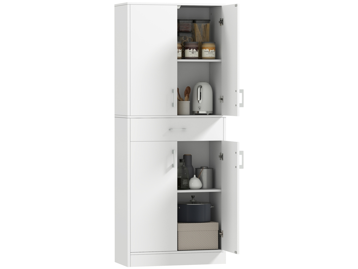Aparador Alto De Cocina Con 4 Puertas, 2 Armarios Y 1 Cajón Central, 180 Cm De Altura, Con 2 Estantes Ajustables, Blanco.