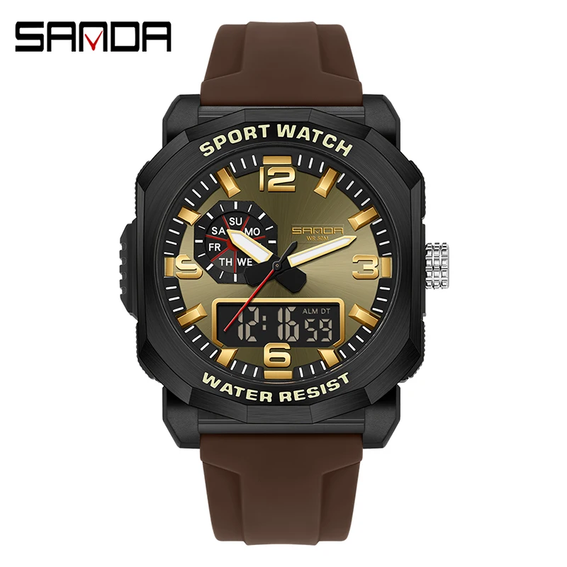 (marrón) Reloj Digital Deportivo Para Exteriores – Doble Huso Horario, Cronómetro, Función Luminosa, Resistente Al Agua