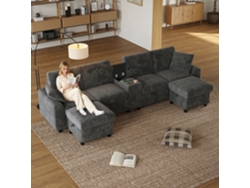 Sofá U-forma 315x81x135 Cm - 2 Puffos Almacenamiento, Mesa, 2 Portavasos - Gris