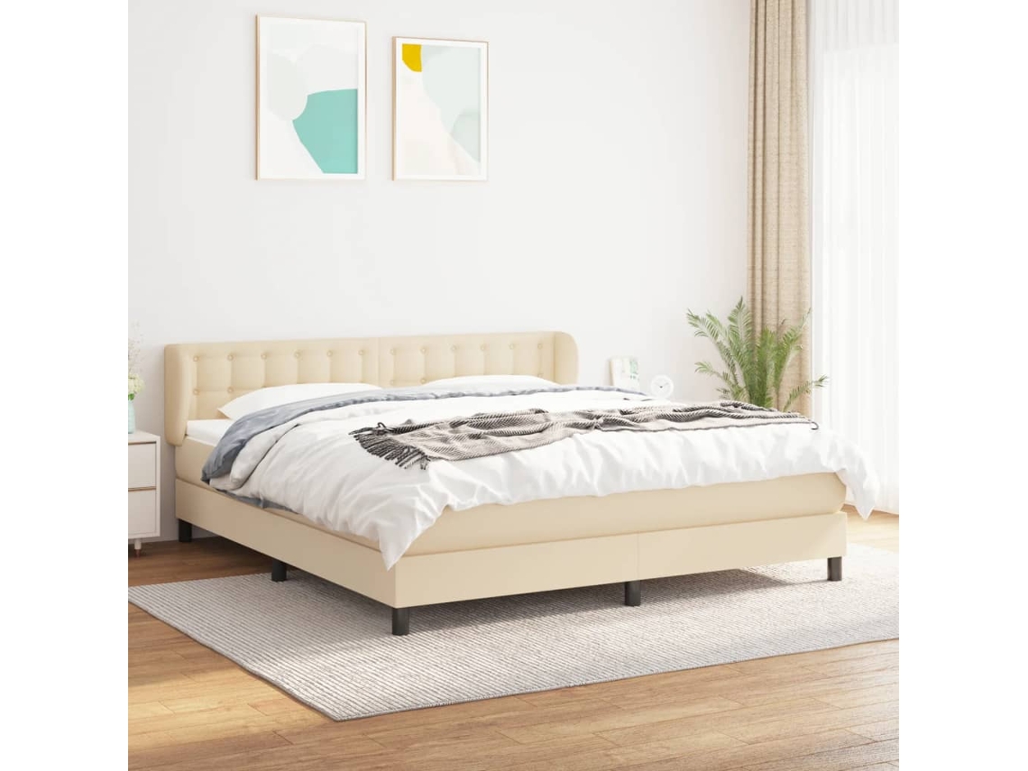 Cama Box Spring Con Colchón Tela Color Crema 160x200 Cm