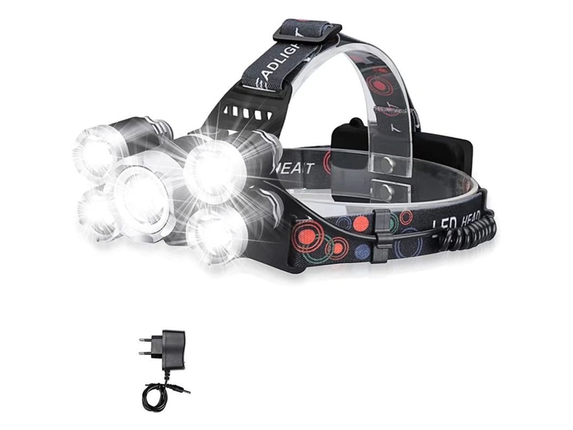 Linterna frontal recargable de 12000 lm, 5 LED, USB, 4 modos, IPX4