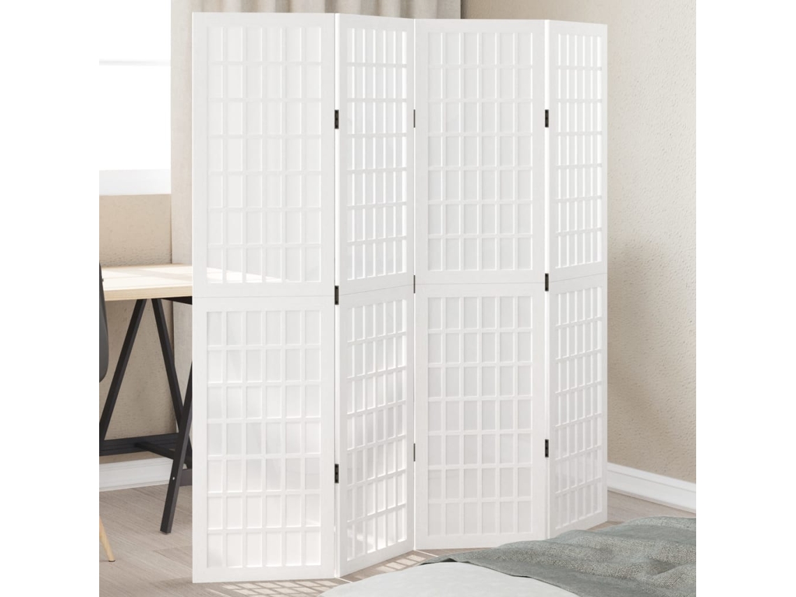 Separador de ambientes | Biombo de privacidad con 4 paneles, madera maciza de paulownia blanca.