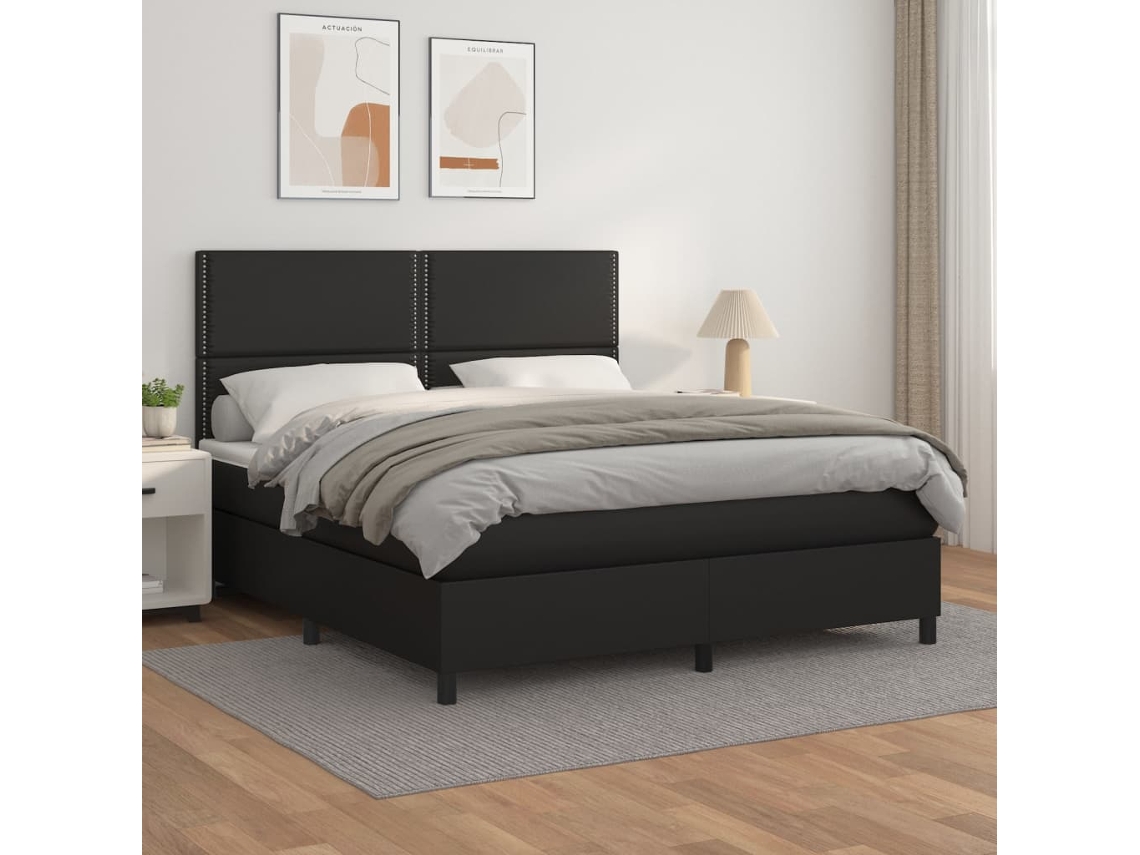 Cama Box Spring Con Colchón Cuero Sintético Negro 180x200 Cm