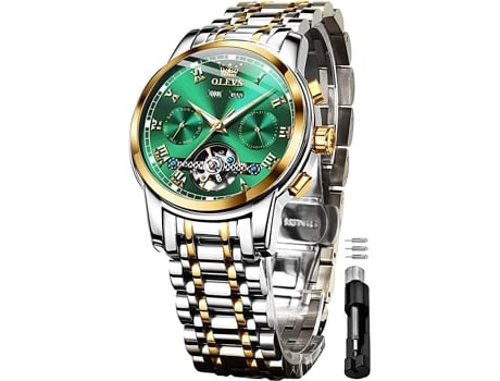 VEANXIN Reloj luminoso resistente al agua con calendario doble Tourbillon mecánico automático para hombre(Oro Verde)