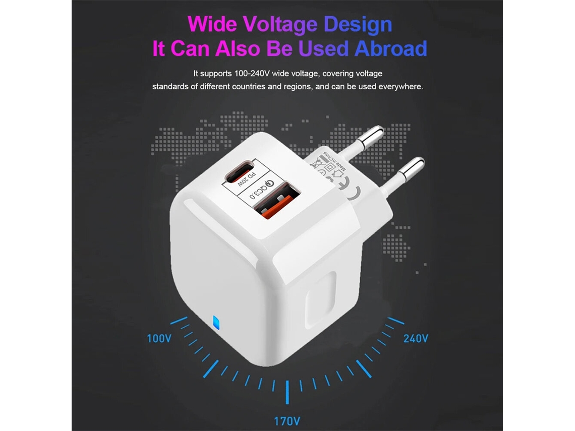Cargador Usb Pd De 2 Puertos Ysy-6087 De 20 W Con Usb-ausb-c Pd Qc3.0, Adaptador De Pared De Carga Rápida, Enchufe Europeo Y Estadounidense