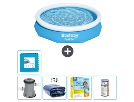Piscina hinchable redonda Fast Set BESTWAY - 305 x 66 cm - Azul - Bomba incluida Vela solar - Paquete de mantenimiento - Filtrar - Baldosas