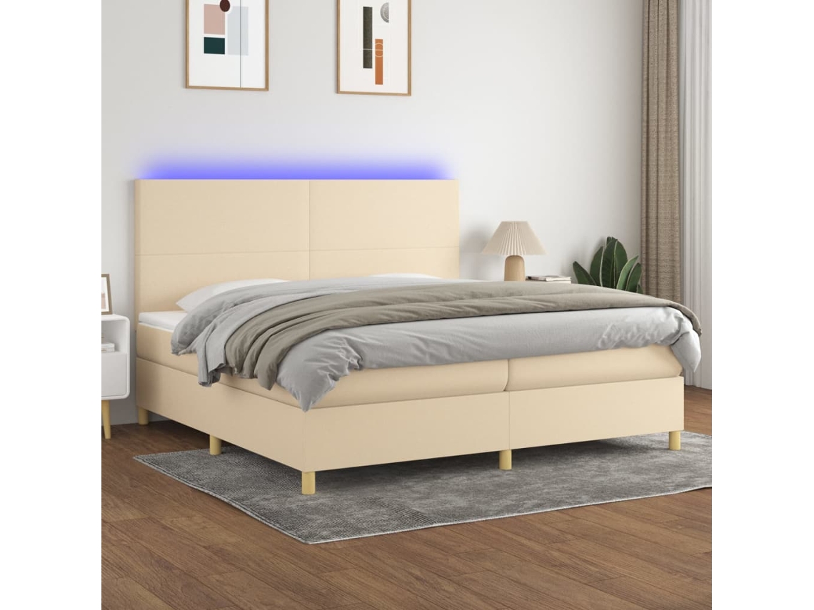 Cama Box Spring Colchón Y Luces Led Tela Crema 200x200 Cm