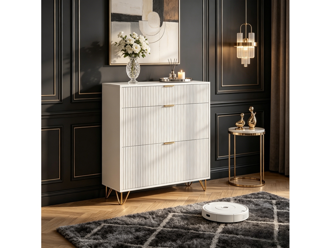 Mueble Para Zapatos Con 3 Puertas Abatibles - 80×24×118.5 Cm, Diseño Moderno Con Patas Doradas, Mueble De Entrada Antivuelco, Blanco