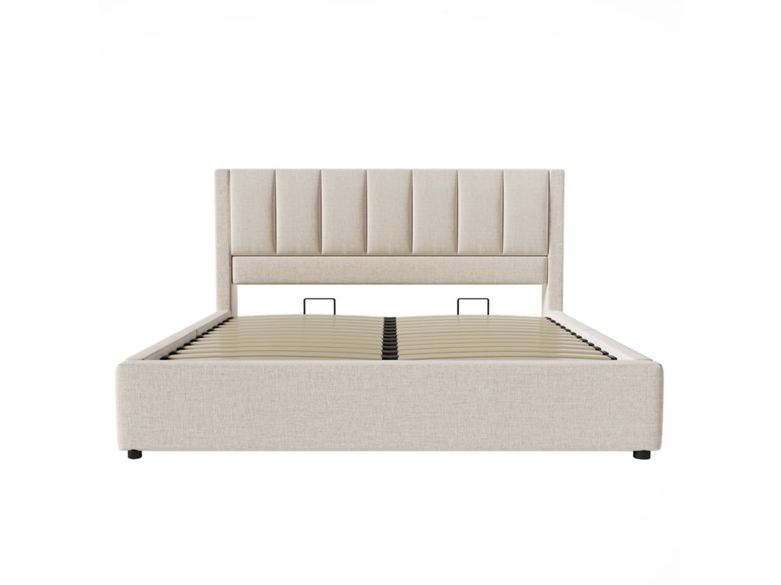 Cama Tapizada 160x200 Cm - Con Almacenamiento, Soporte Para Bebidas Y Carga, Lino Beige