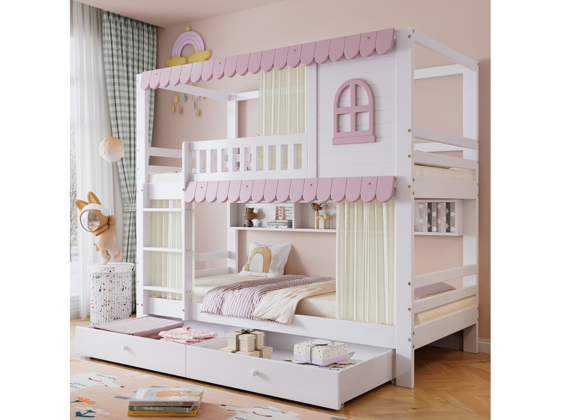 Litera Rosa (90x200 Cm) Con Ventanas, Cortinas Y Cajones.