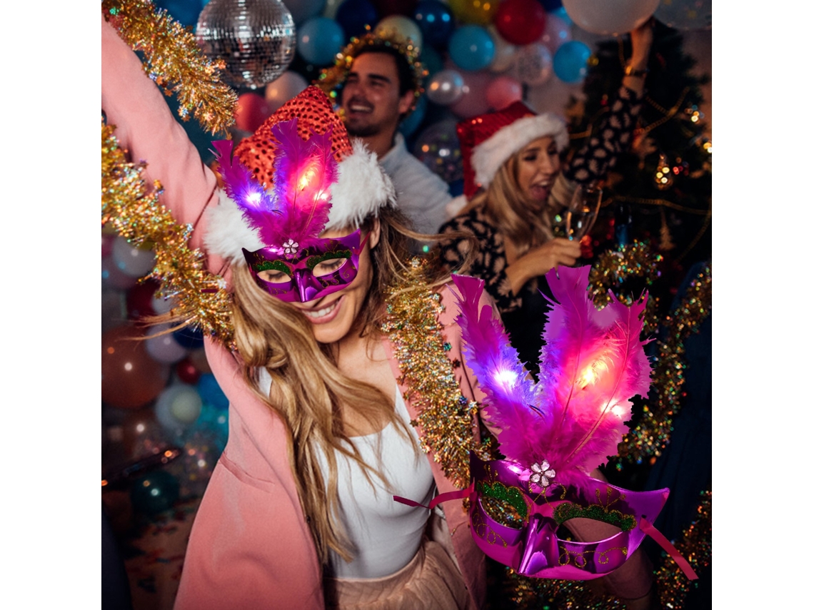 Máscara de plumas luminosa LED estilo veneciano rosa de Viewleaf para carnaval, Navidad y Halloween