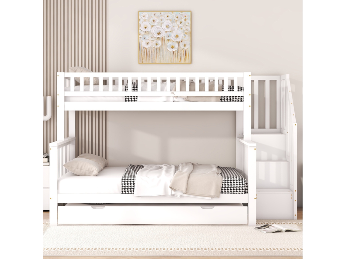 Litera Superpuesta Infantil 90x200 140x200 Cm Madera Maciza, Cama Nido, Escaleras Con Almacenaje, Seguridad Reforzada, Blanco