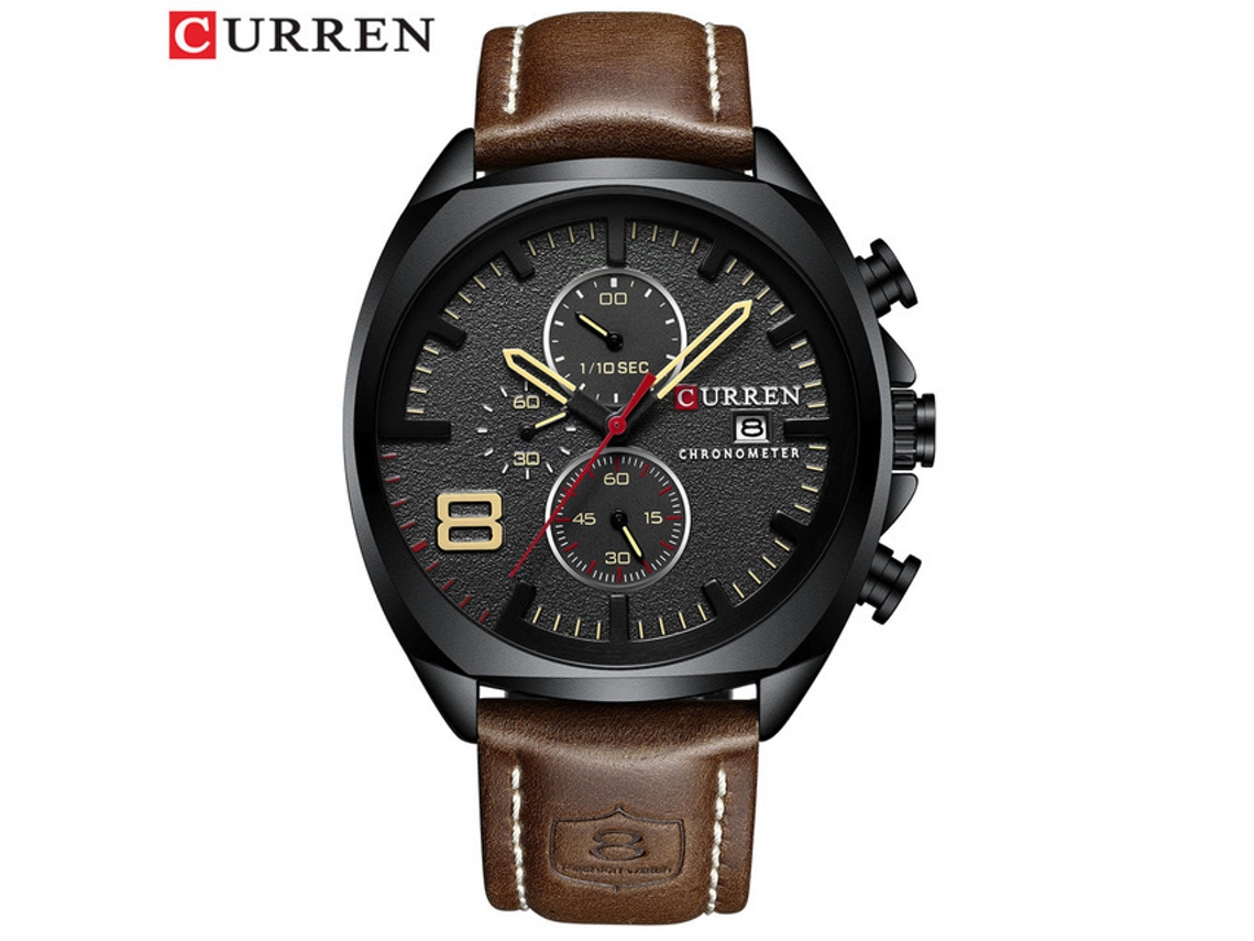 Reloj Redondo Impermeable Con Correa De Cuero (negro), Sencillo, Con Seis Manecillas Y Calendario Multifuncional.