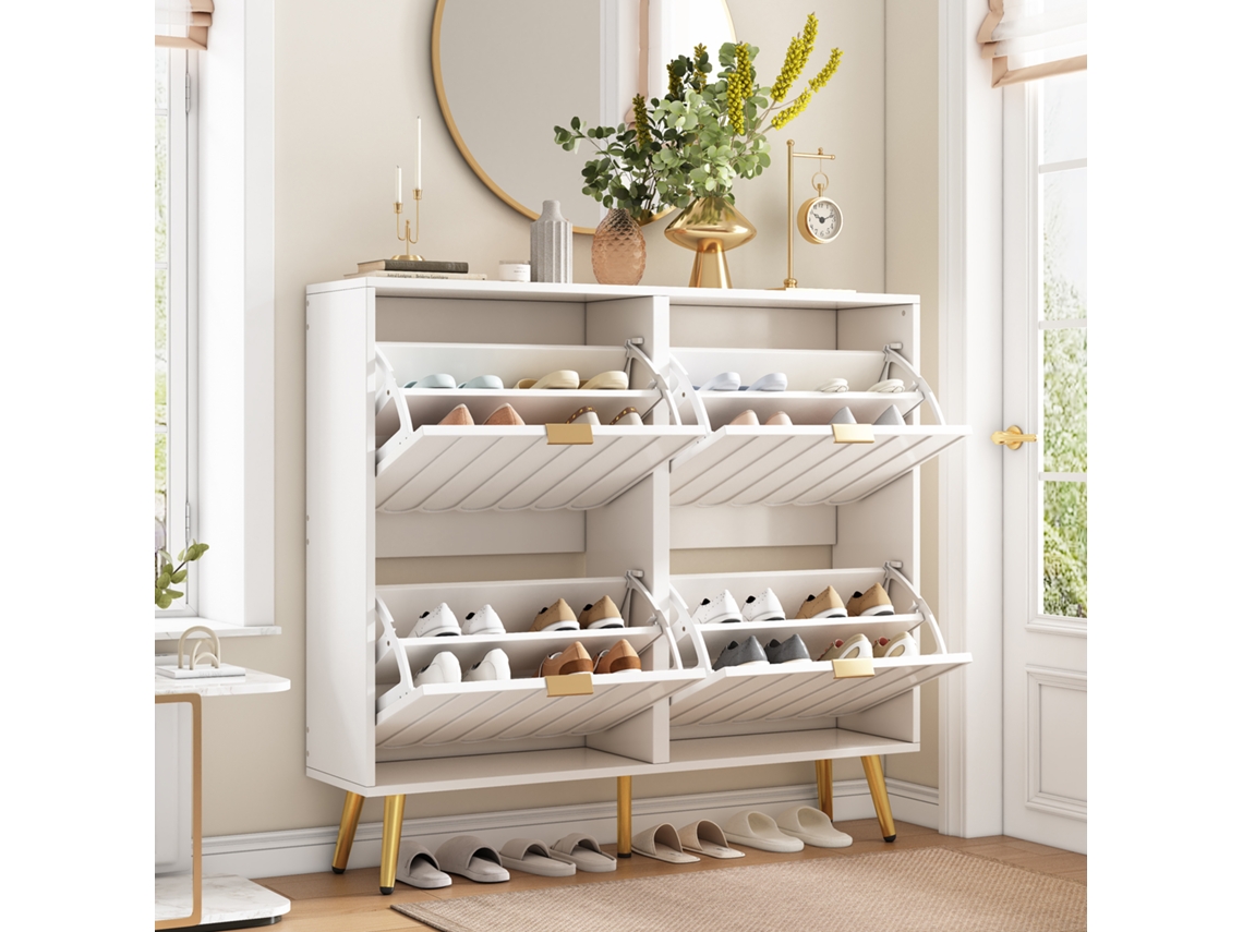 Zapatero Estrecho 100x24x91,5 Cm - 4 Compartimentos Abatibles, Con Protección Anticaída Y Estantes Ajustables - Blanco