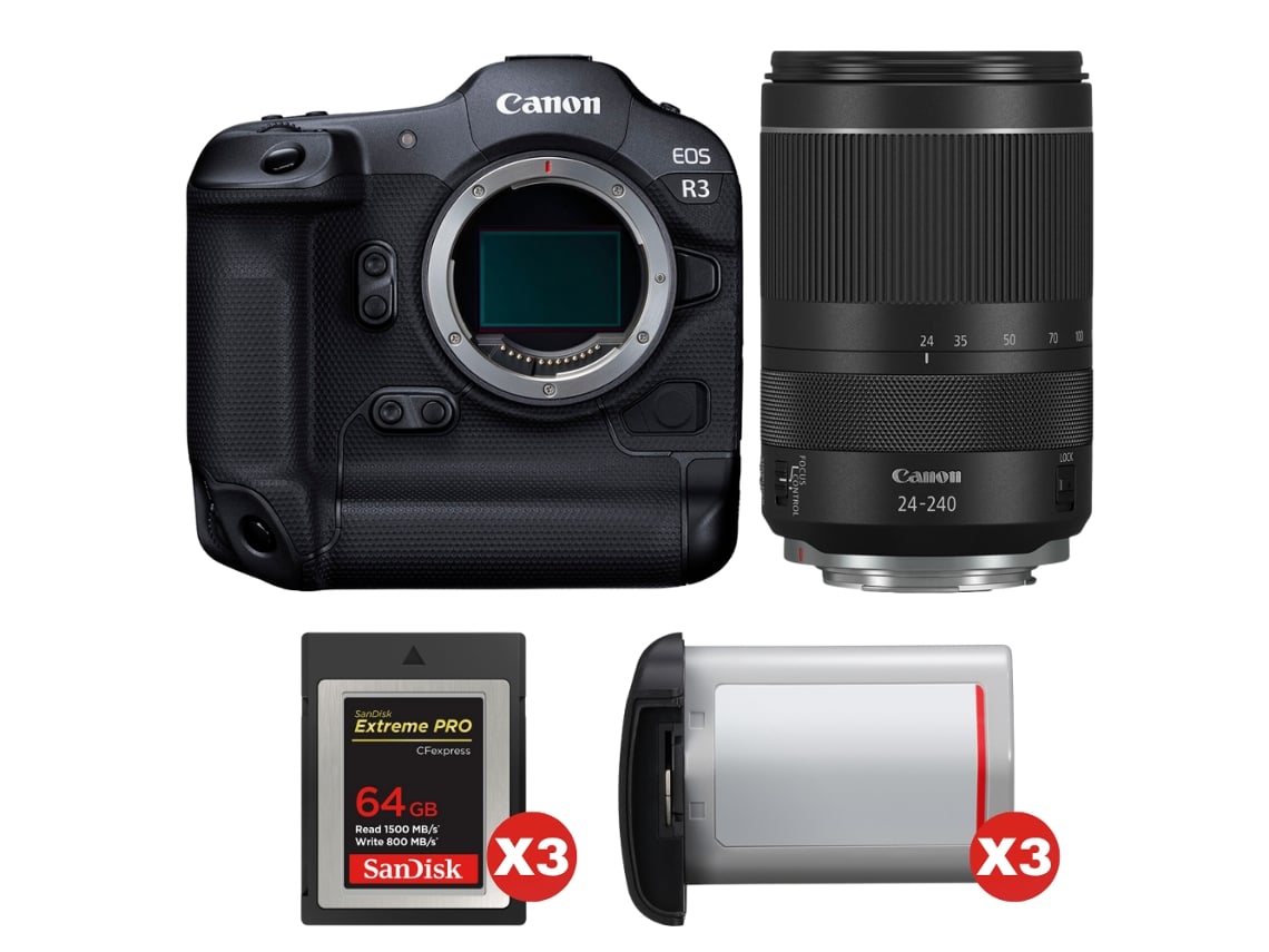 Canon Eos R3 + Rf 24-240mm F/4-6.3 Is Usm + 3 Sandisk 64gb Extreme Pro Cfexpress Type B + 3 Canon Lp-e19 + Ebook Pricedirect