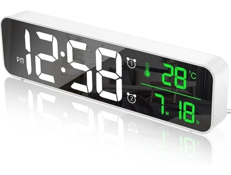 Reloj despertador digital Reloj despertador matutino Reloj de pared LED Pantalla grande Espejo digital con fecha y temperatura Reloj USB Blanco BIS...