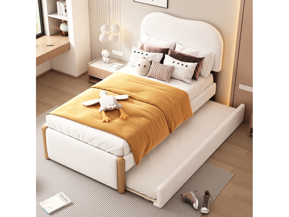Cama Plana De 90*200cm, Estofada, Com Prática Cama Auxiliar Retrátil, Design Minimalista, Branca.