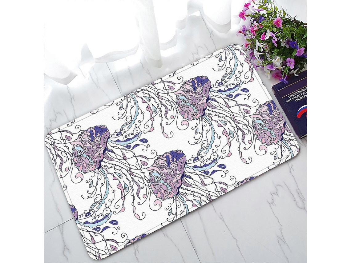 Felpudo con diseño de criaturas marinas y medusas moradas para interior/exterior/baño, 45x75 cm, Rosewell