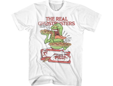 Camisetas Unisex DEEPSTONE Slimer's Pizza Real Ghostbusters Blanco (S)