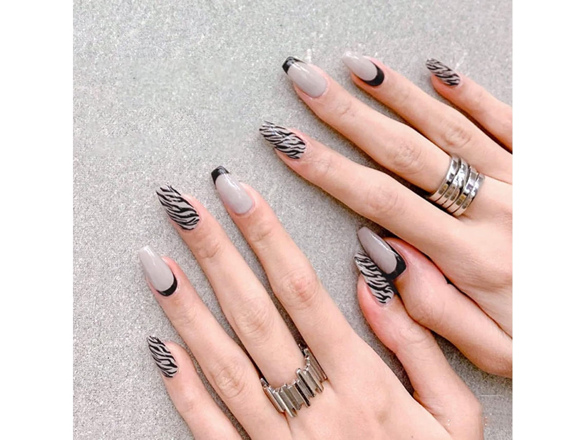 Manicura profesional de calidad para mujeres y niñas, diseño de rayas de cebra francesas con material abdominal cómodo y acabado elegante.