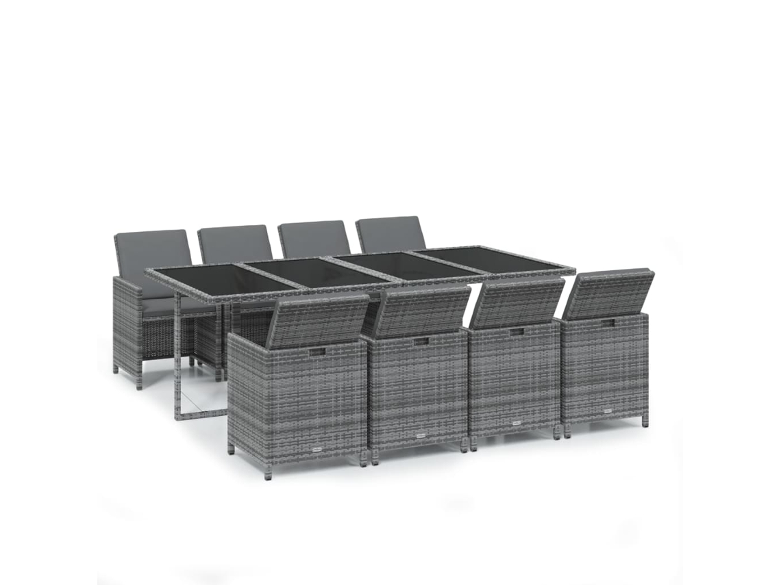Juego de 9 piezas de comedor de jardín con cojines de mimbre, patas grises, EXCLUSIVA MAISON