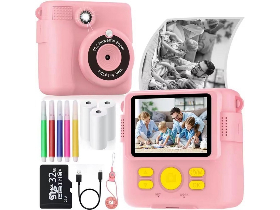 Cámara instantánea para niños Digitallab HD con impresión térmica y tarjeta de 32 g, color rosa