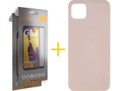 Carcasa + 2 Protectores de Vidrio Full iPhone 13 Mini ACCETEL Silicona Líquido Rosa Crema