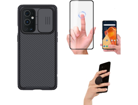 Kit Protector OnePlus 9 Funda Nillkin Camshield y Popsocket Negro
