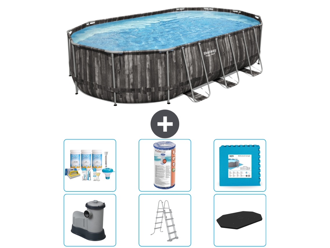 Piscina BESTWAY Oval Power Steel - 610 x 366 x 122 - Gris - Incluye bomba - Escalera - Cobertor Paquete de mantenimiento - Filtrar - Baldosas